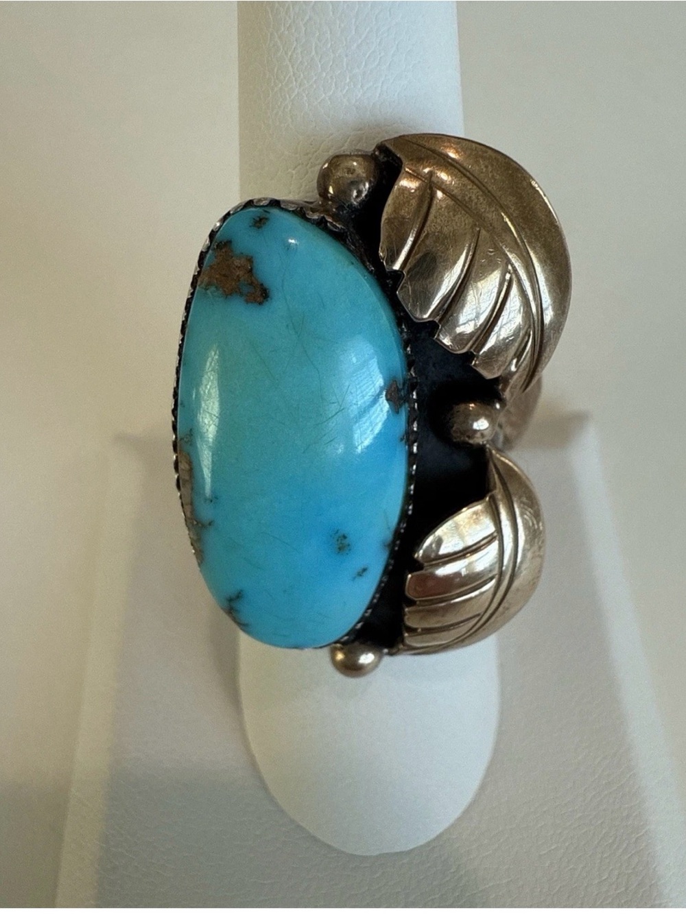 Vintage Sterling 14K Gold Turquoise Leaf Ring